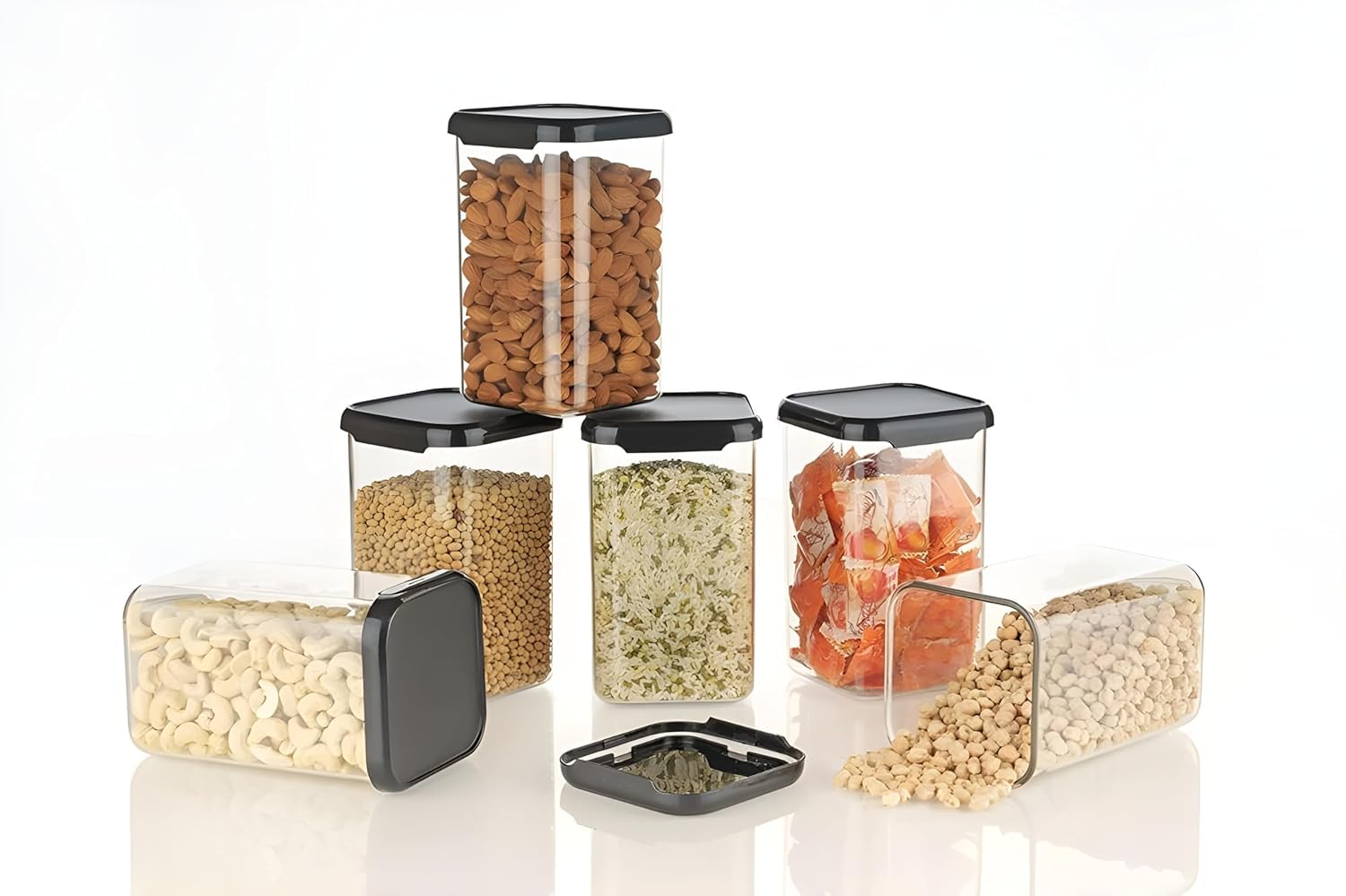 STELITE Plastic Storage Jar & Container Set Air-Tight BPA Free Containers for Food Storage Set Kitchen Organizer & Kitchen Storage Organization Multipurpose Jar (1100 ML, Set of 6, Black)