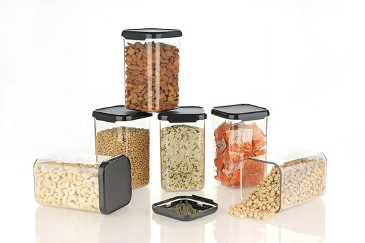 STELITE Plastic Storage Jar & Container Set Air-Tight BPA Free Containers for Food Storage Set Kitchen Organizer & Kitchen Storage Organization Multipurpose Jar (1100 ML, Set of 6, Black)
