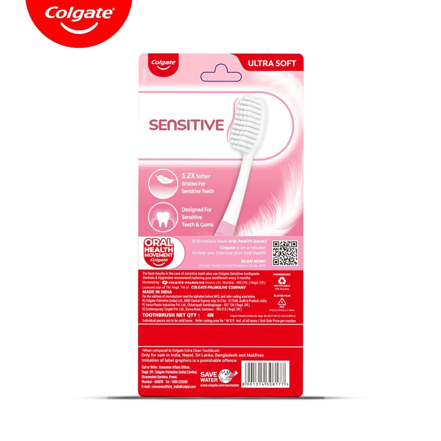 Colgate Sensitive Ultra Soft Toothbrush – 1.2x Softer Bristles, Gentle Care for Sensitive Teeth (Pack of 4)
