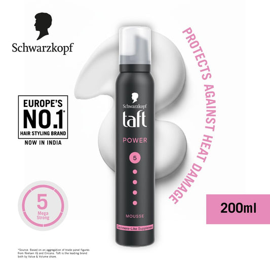 Schwarzkopf TAFT Power Hold 5 Hair Mousse, Lasts 24 Hours, Cashmere-Like Softness, With No Stickiness, Heat Protection, Silicone Free, Lightweight Styler To Controls Frizz And Provides Shine, 200Ml