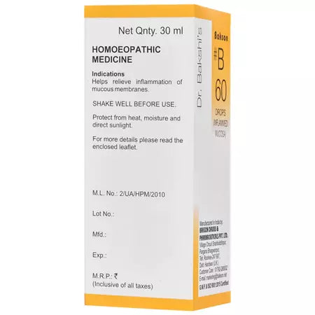 Bakson B60 Inflammed Mucosa Drops (30ml) For eye irritation, redness, Otitis, ear & Nose infection, Heat