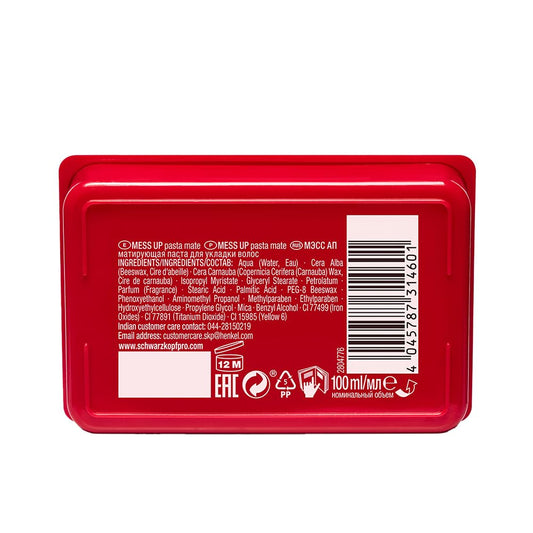 Schwarzkopf Professional OSiS+ Mess Up Hair Styling Matte Paste |Easy to Mould |Easy to apply and Wash | Vegan | Medium Hold | Dry and Non-Greasy | Matte finish| Pomade | 100 ml