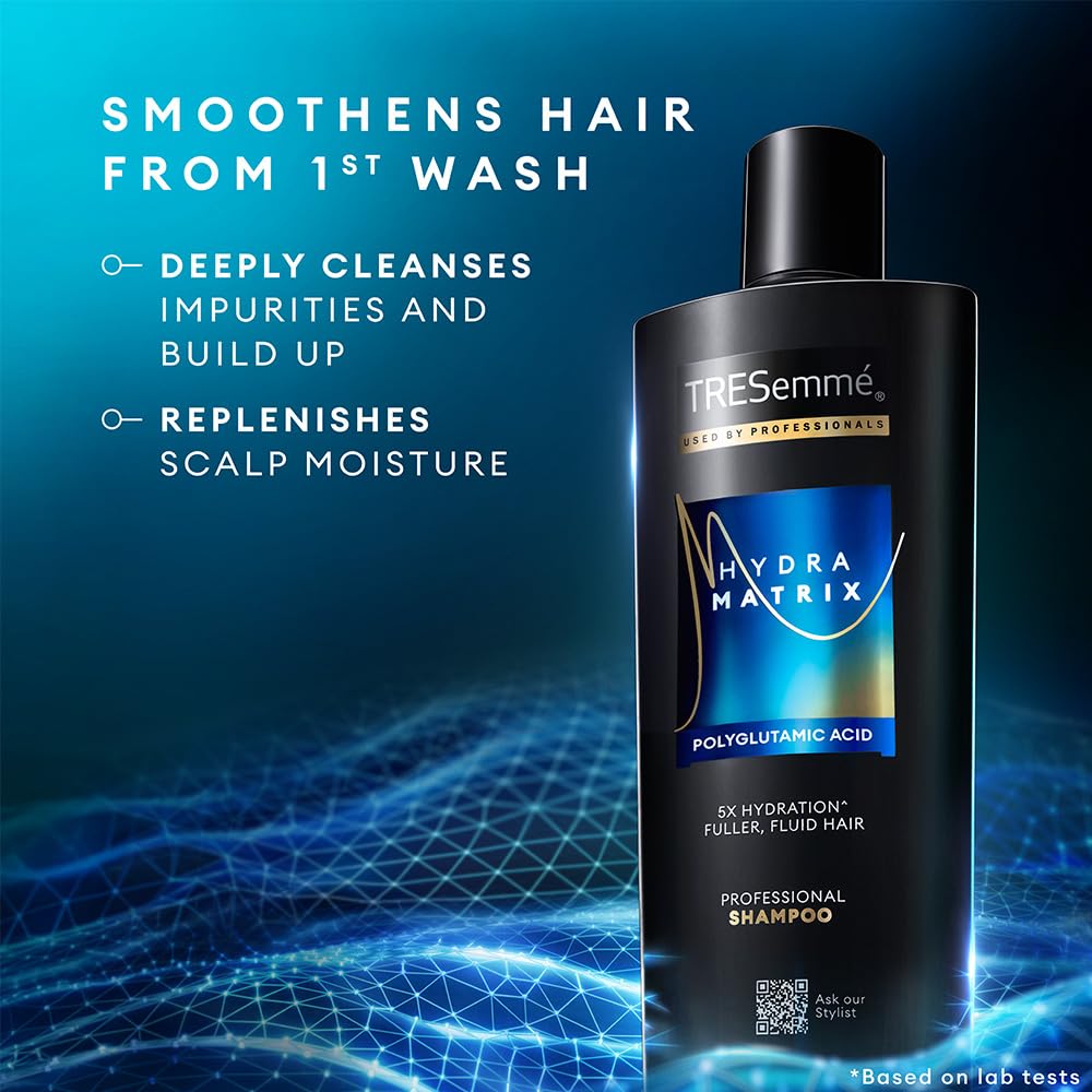 TRESemme Hydra Matrix Hydrating Shampoo 340ml with Polyglutamic Acid for 100H of Fluid Hair | Paraben Free Shampoo for Dry Hair & Scalp | Hard Water Detox