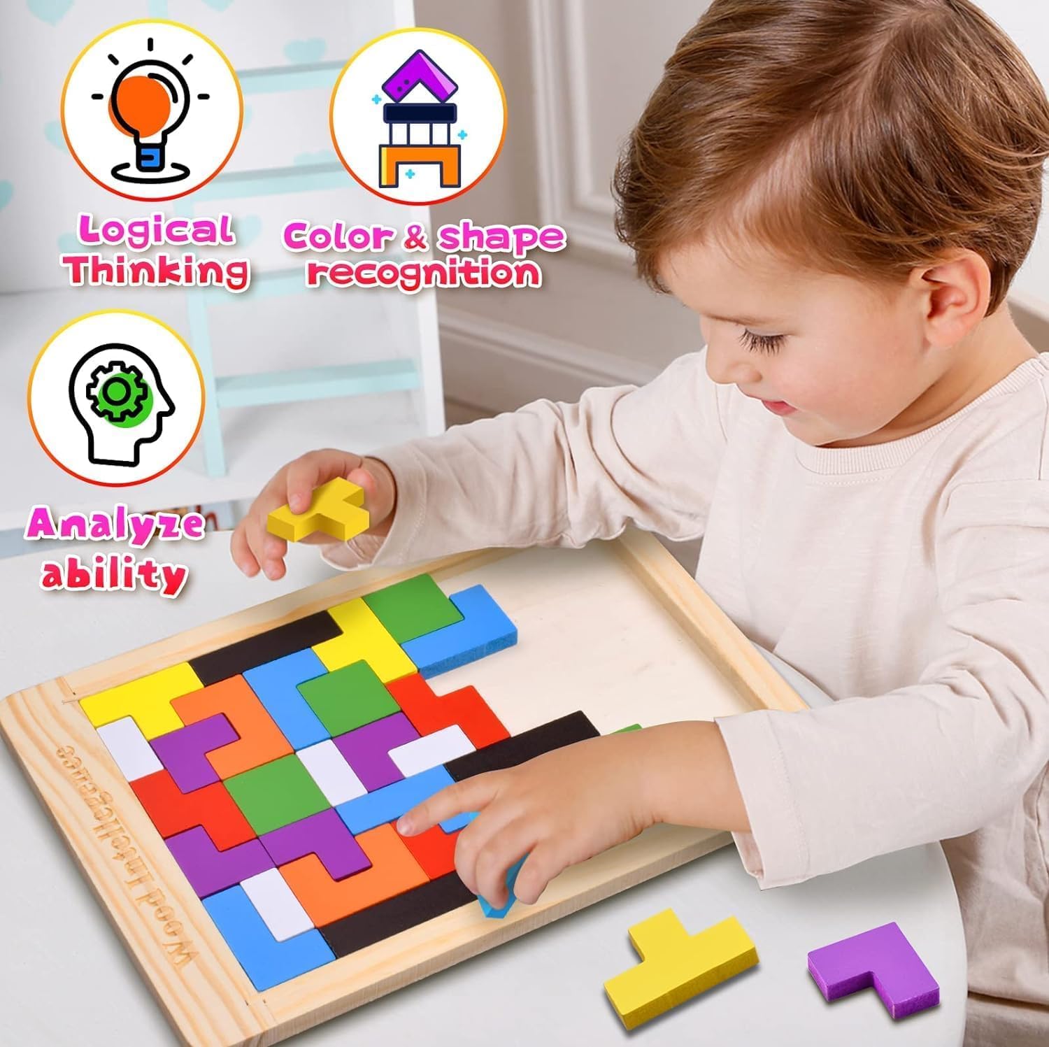 Wooden Intelligence Puzzle Game with Colorful Blocks, Brain Teaser Shape Matching Toy for Kids
