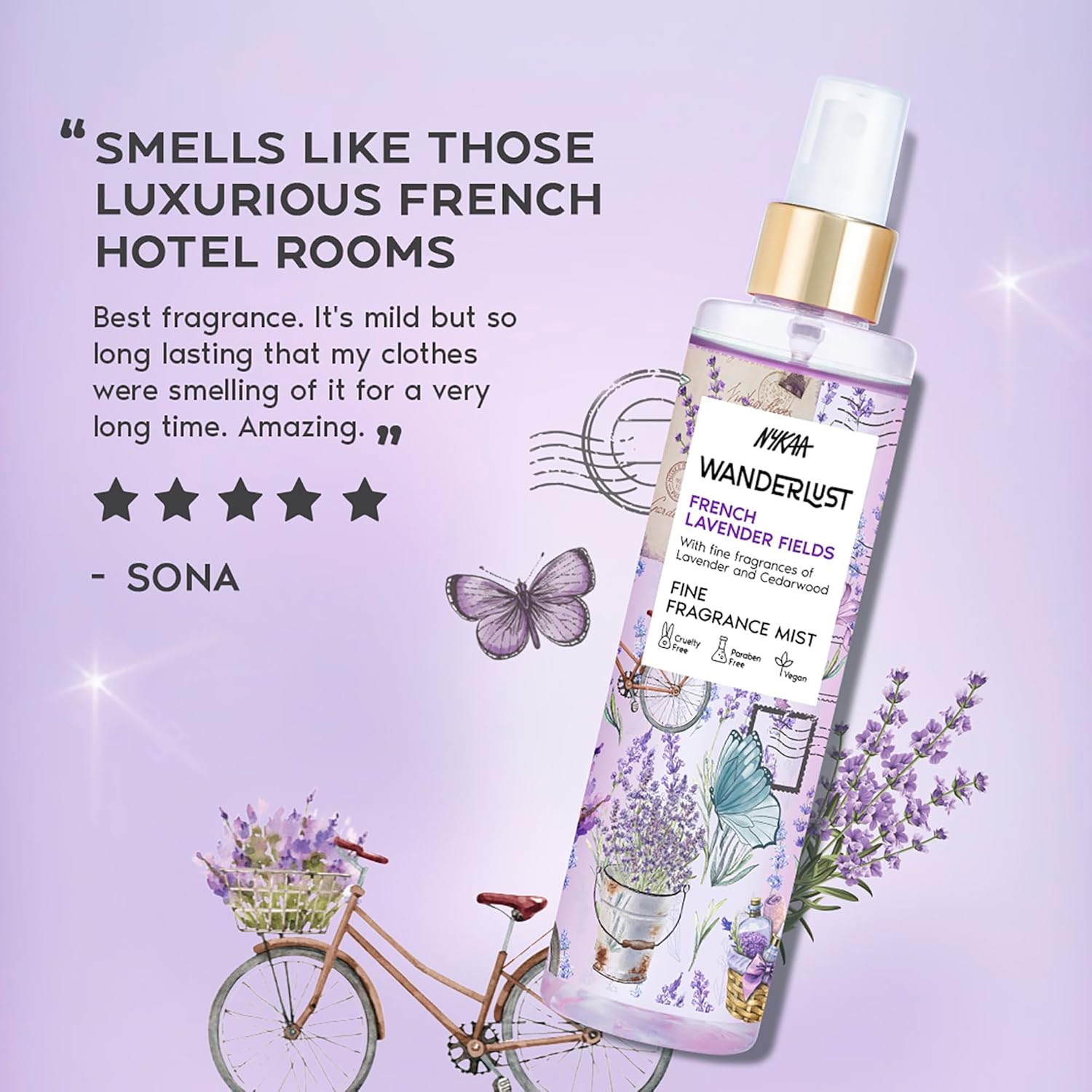 Nykaa Wanderlust French Lavender Body & Hair Fine Fragrance I Perfume Mist for Women – 200 ml |Lavender and Patchouli Perfume |