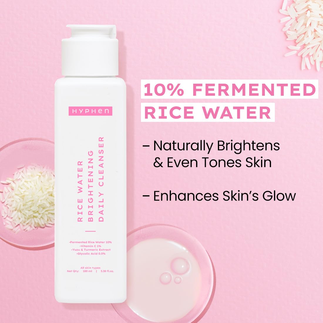 Hyphen Rice Water Brightening Daily Cleanser To Brighten Skin & Reduces Dark Spots - 100ml