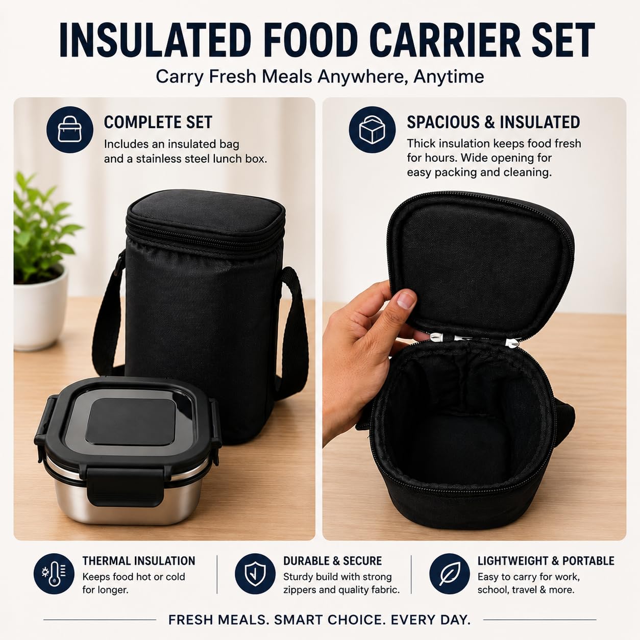 Stainless Steel Lunch Box Set with Insulated Thermal Bag and SS-Spoon | Set of 3 Containers (400 ml Each) | Square | Leakproof | Airtight Lids | BPA-Free |Tiffin Box for Office, School & Travel
