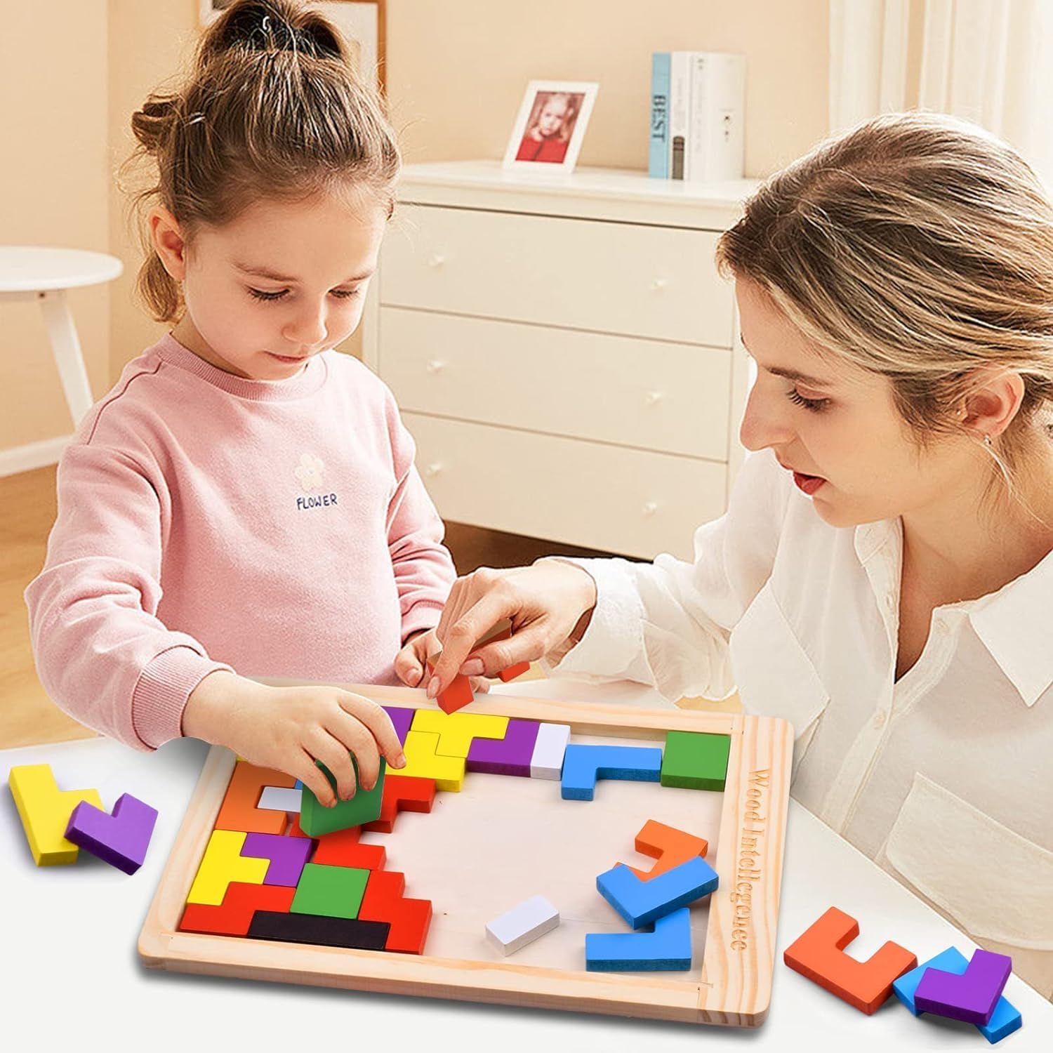 Wooden Intelligence Puzzle Game with Colorful Blocks, Brain Teaser Shape Matching Toy for Kids