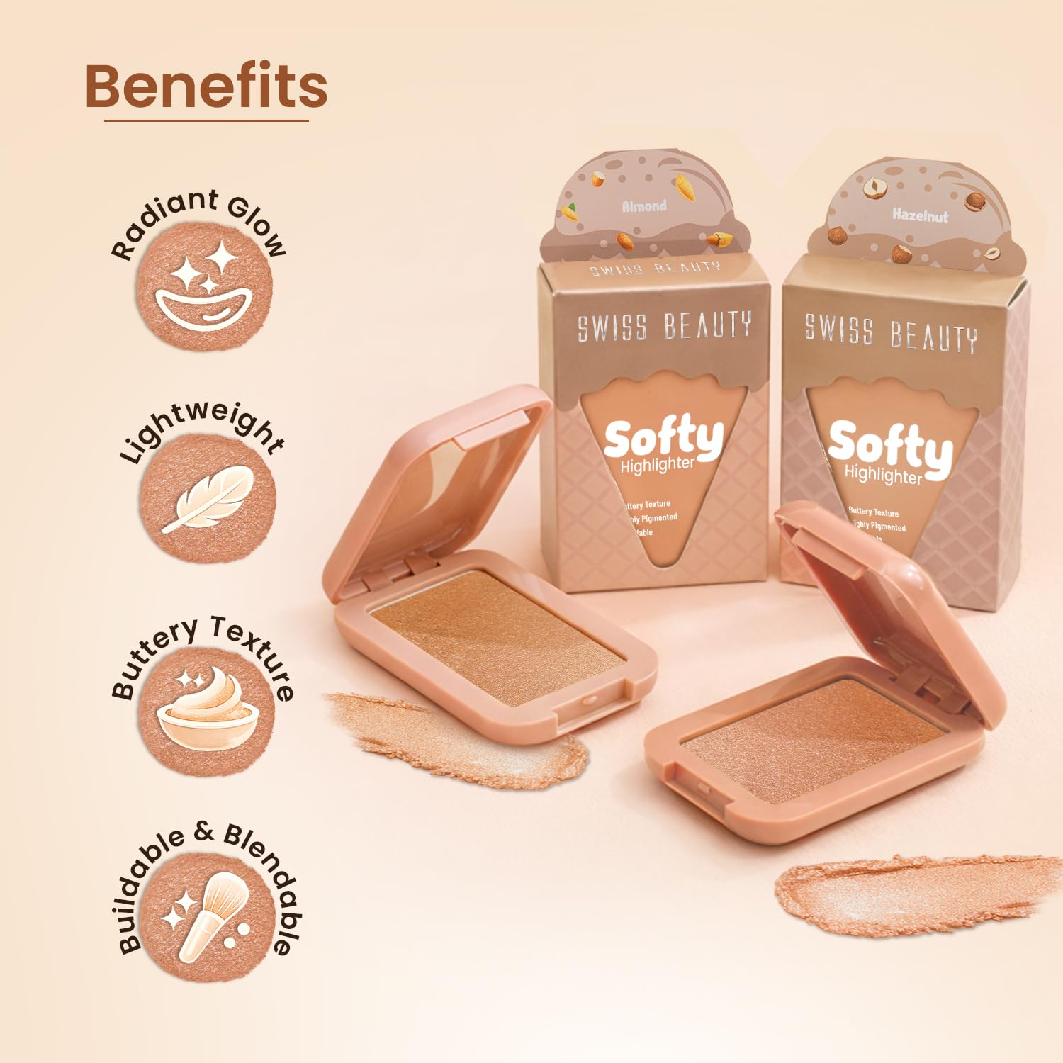 Swiss Beauty Softy Highlighter | Buttery Texture | Blendable | Highly Pigmented | Long-Lasting | Travel-Friendly | 7g, Shade- 1. Almond