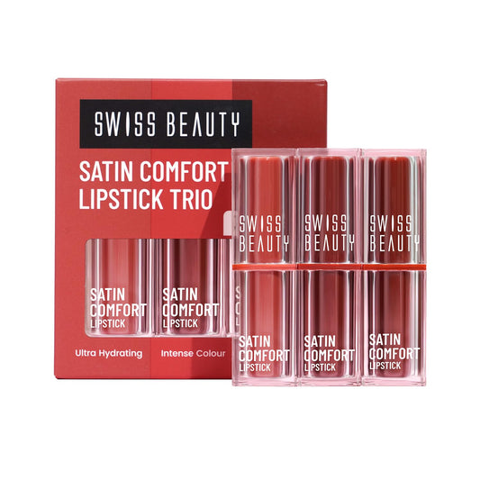 Swiss Beauty Satin Comfort Lipstick Trio 3-in-1| Ultra-Hydrating | Highly Pigmented | Smooth Glide | Satin Matte Finish | One-Swipe Application | Shade- 1-Nude & Brown, 9gm