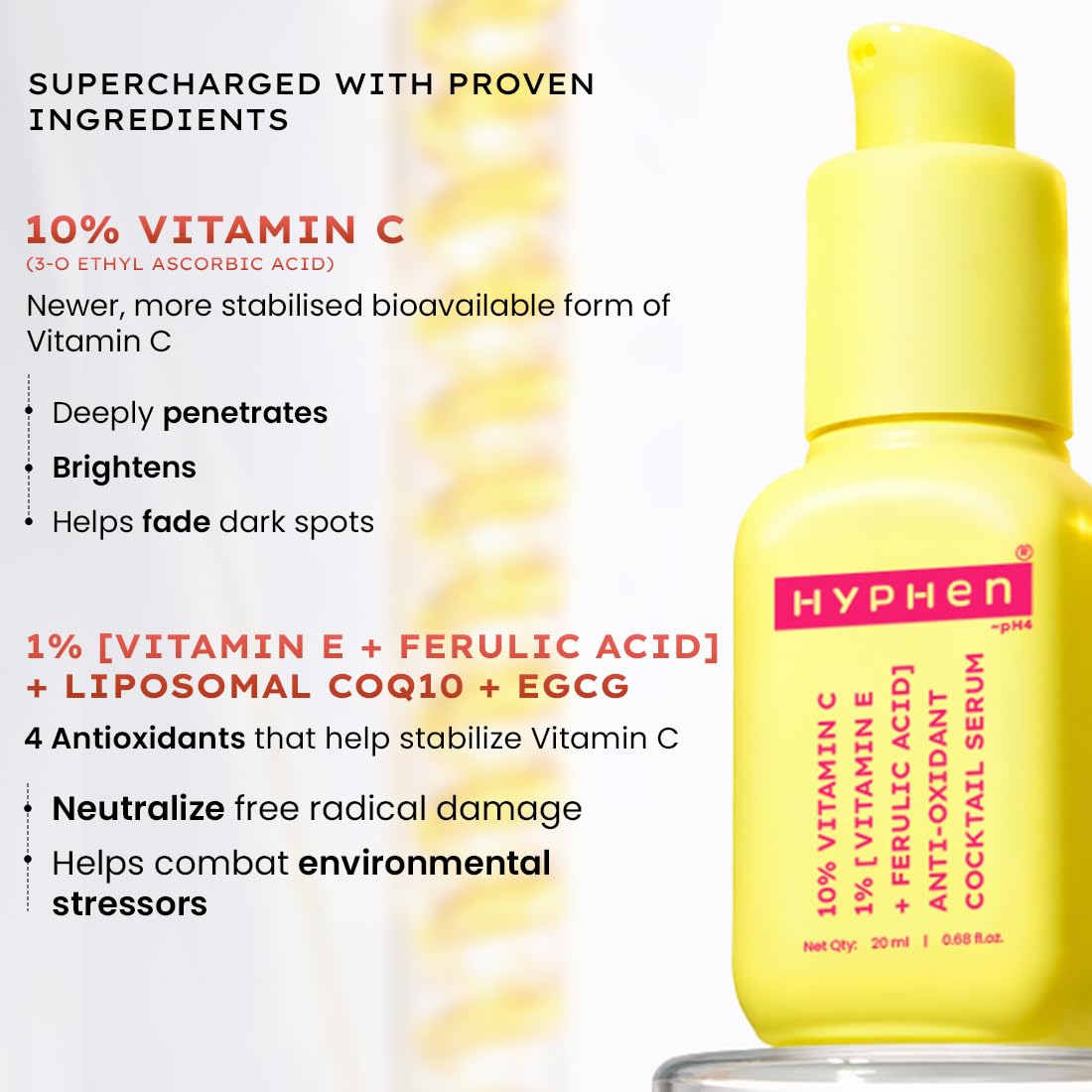 Hyphen 10% Vitamin C Serum with 1% Vitamin E & Ferulic Acid, Brightens & Fade Dark Spots (20ml)