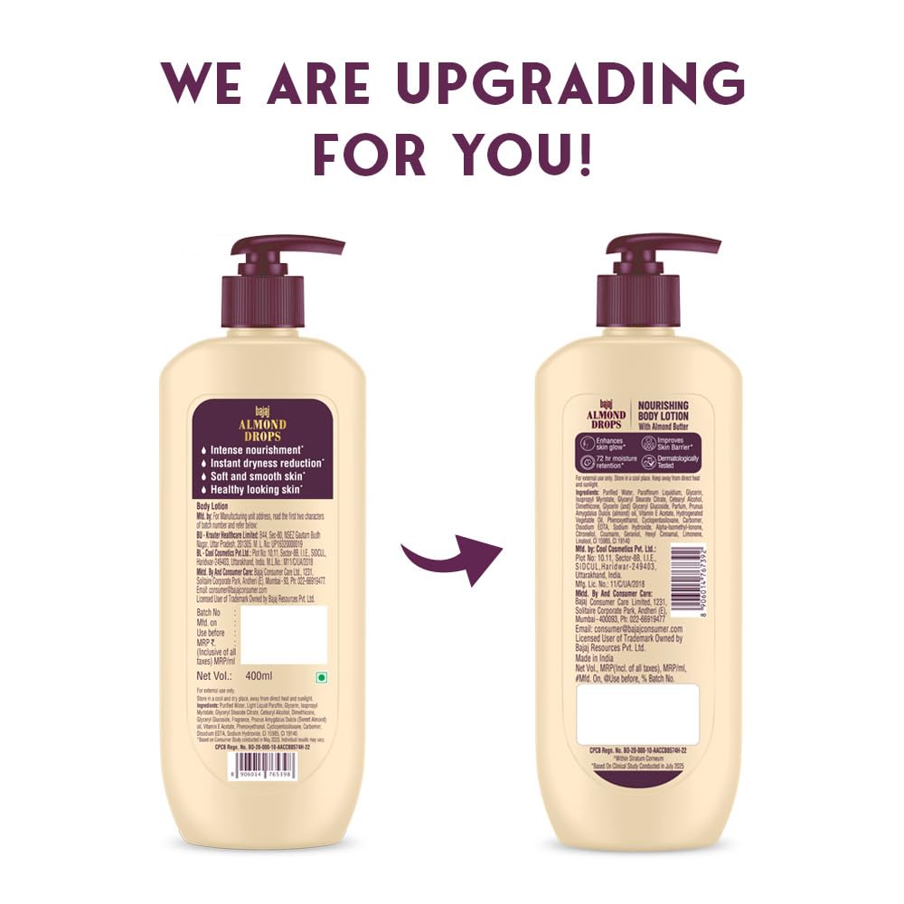 Bajaj Almond Drops Nourishing Body Lotion With Almond Butter | 72 Hr Moisture Retention | Enhances Skin Glow | Improves Skin Barrier | For All Skin Types | 400 ML