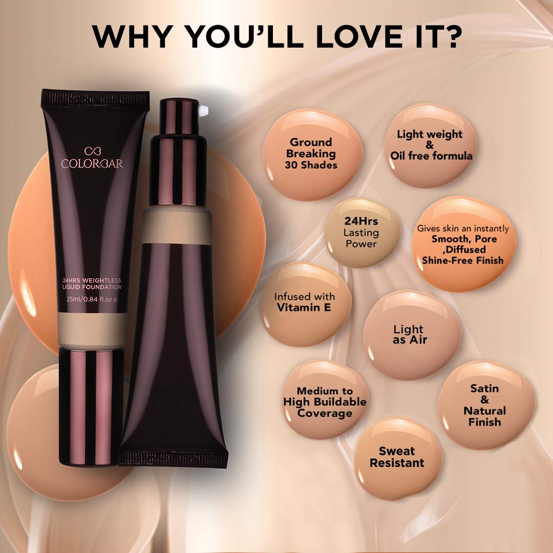 Colorbar 24Hrs Weightless Full Coverage Liquid Foundation Satin Finish, Fw 8.1, 25Ml, All