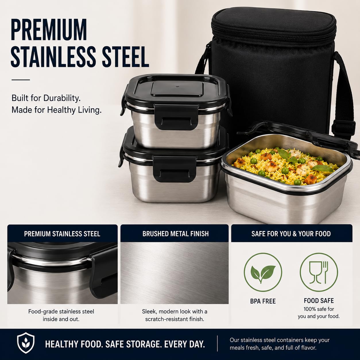 Stainless Steel Lunch Box Set with Insulated Thermal Bag and SS-Spoon | Set of 3 Containers (400 ml Each) | Square | Leakproof | Airtight Lids | BPA-Free |Tiffin Box for Office, School & Travel