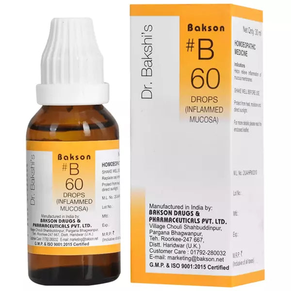 Bakson B60 Inflammed Mucosa Drops (30ml) For eye irritation, redness, Otitis, ear & Nose infection, Heat