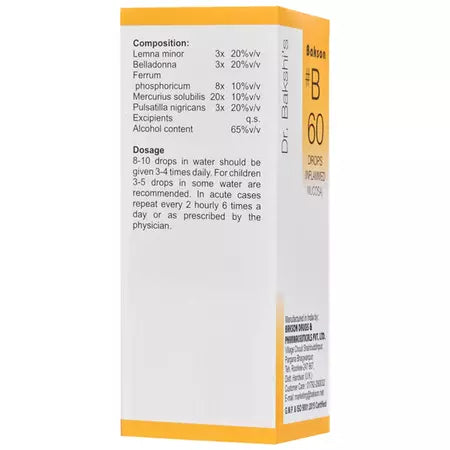 Bakson B60 Inflammed Mucosa Drops (30ml) For eye irritation, redness, Otitis, ear & Nose infection, Heat
