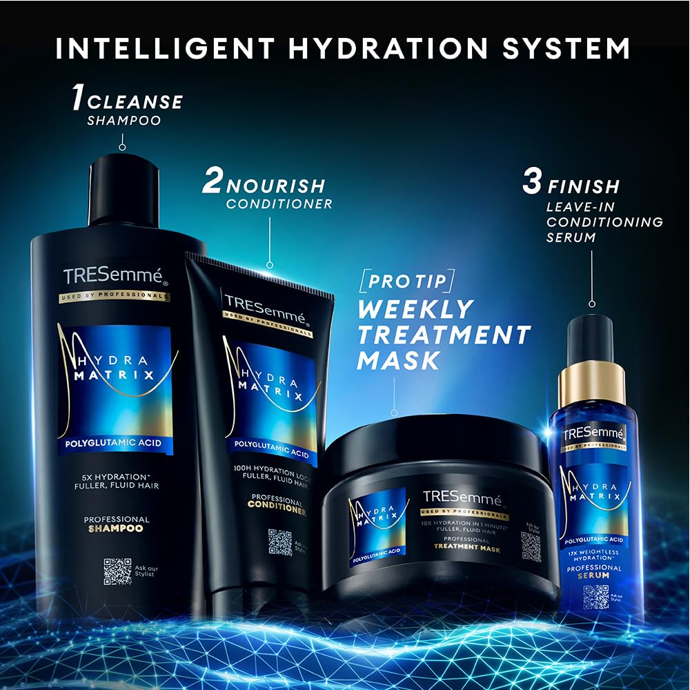 TRESemme Hydra Matrix Hydrating Shampoo 340ml with Polyglutamic Acid for 100H of Fluid Hair | Paraben Free Shampoo for Dry Hair & Scalp | Hard Water Detox