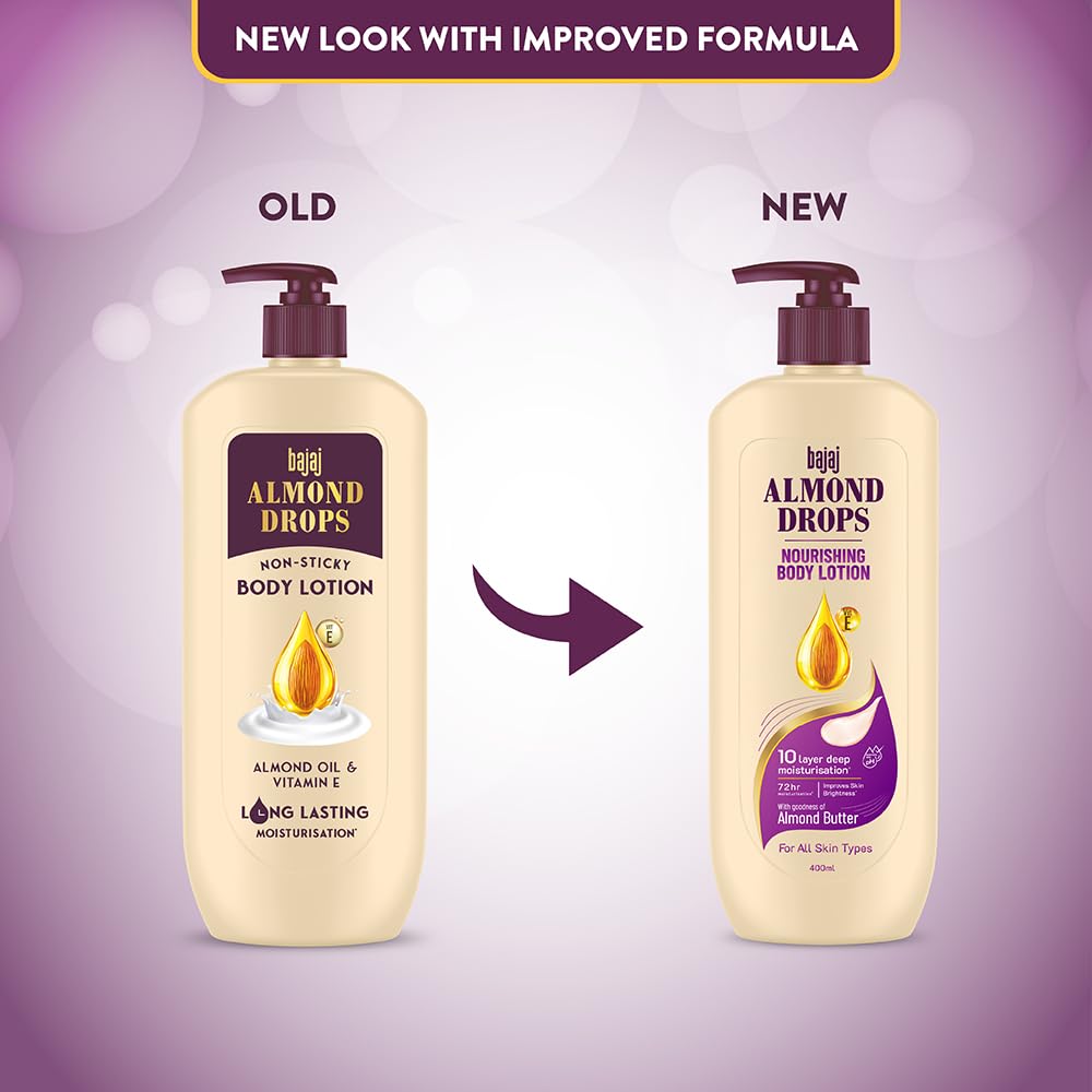 Bajaj Almond Drops Nourishing Body Lotion With Almond Butter | 72 Hr Moisture Retention | Enhances Skin Glow | Improves Skin Barrier | For All Skin Types | 400 ML