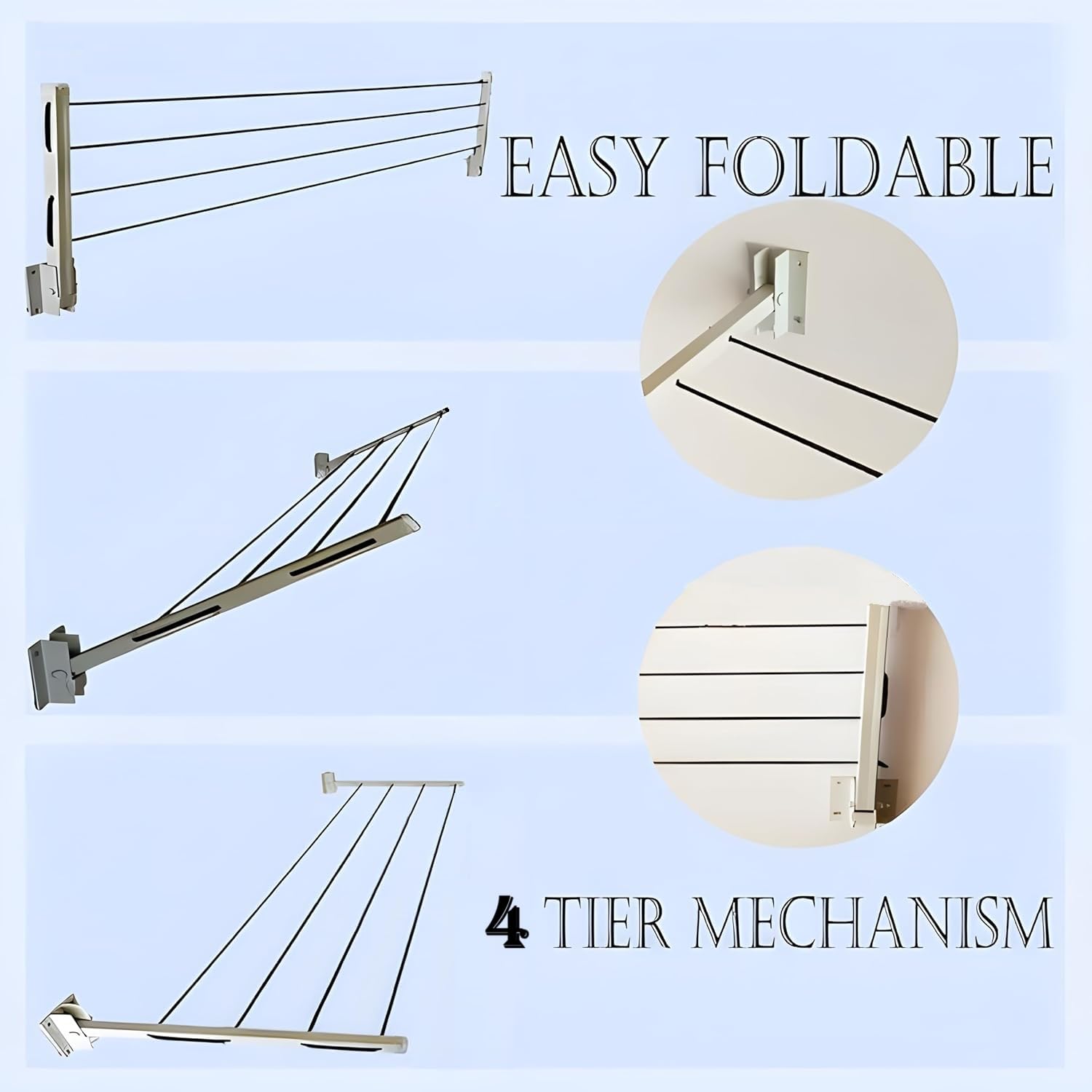 ERHETUS Heavy Duty Wall Mount Cloth Drying Stand | Foldable & Collapsible Cloth Dryer Hanger | Metal Clothes Dry Rack for Home, Balcony, Indoor, Outdoor with 40 Feet Rope and Fasteners (4 Tier)