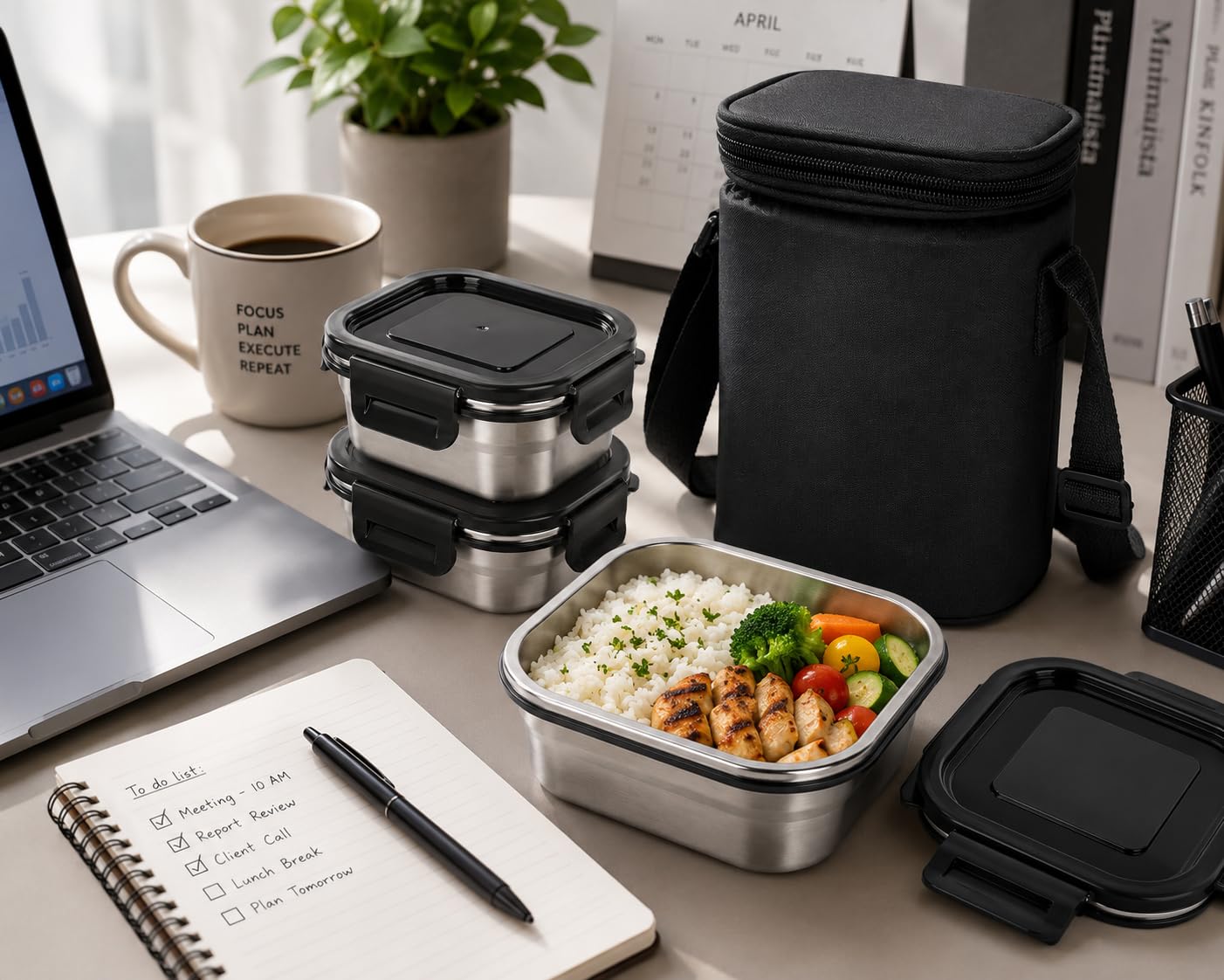 Stainless Steel Lunch Box Set with Insulated Thermal Bag and SS-Spoon | Set of 3 Containers (400 ml Each) | Square | Leakproof | Airtight Lids | BPA-Free |Tiffin Box for Office, School & Travel