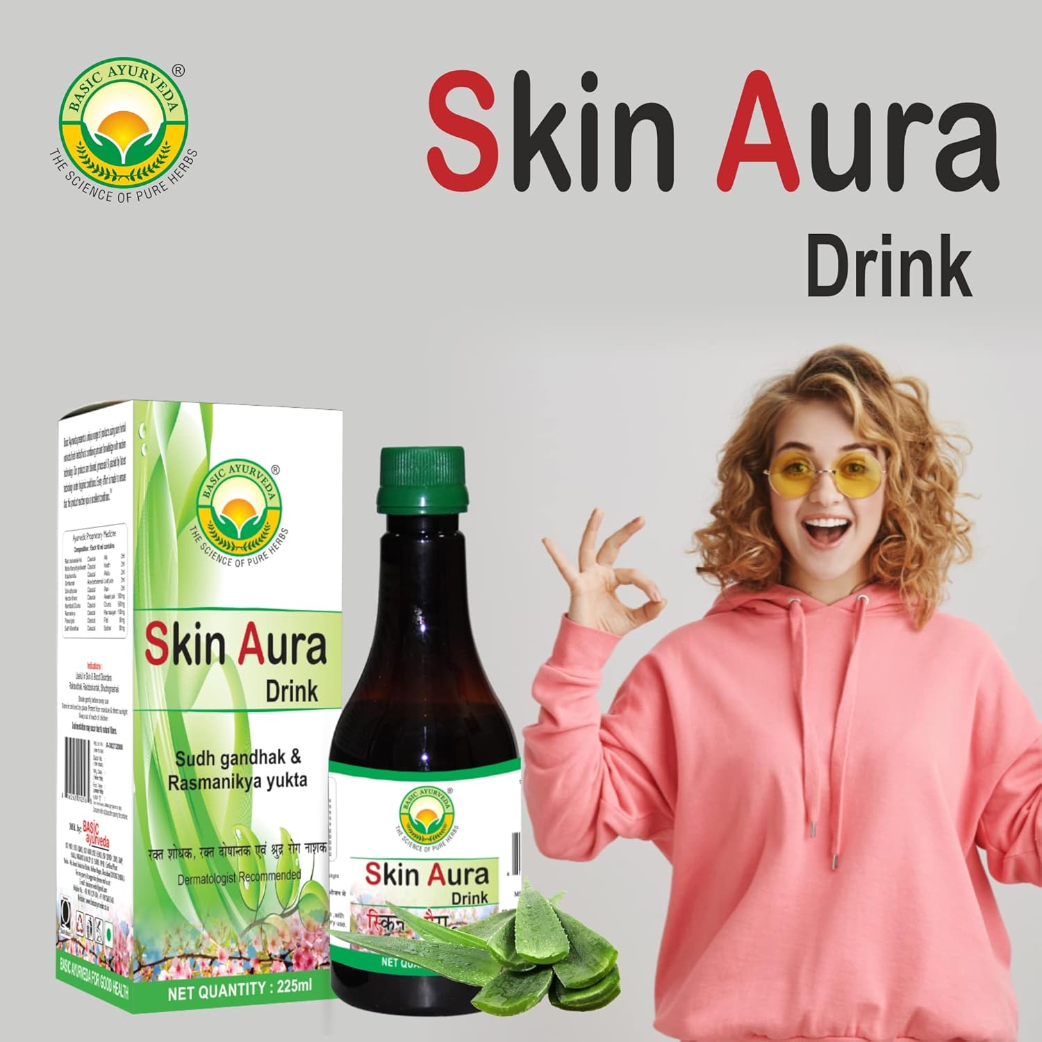 Basic Ayurveda Skin Aura Drink 255 ml For pimples and acne, dark spot, ring worms