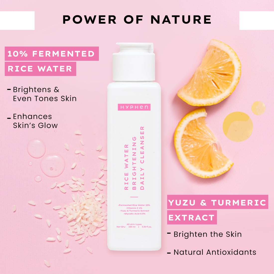 Hyphen Rice Water Brightening Daily Cleanser To Brighten Skin & Reduces Dark Spots - 100ml