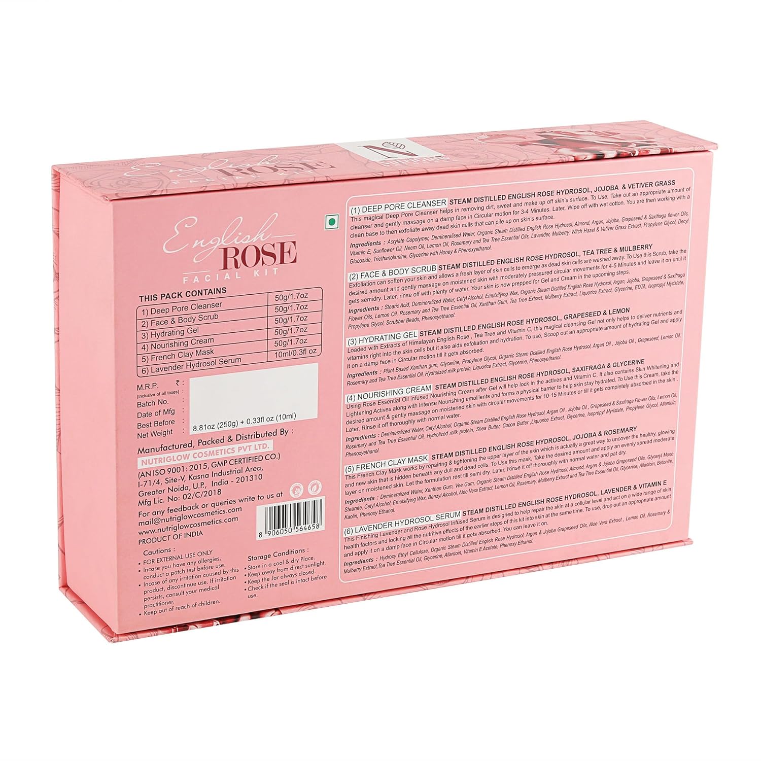 NutriGlow Natural’s English Rose Facial Kit with Natural Rose Extracts for Radiant & Glowing Skin, (250g+10ml)