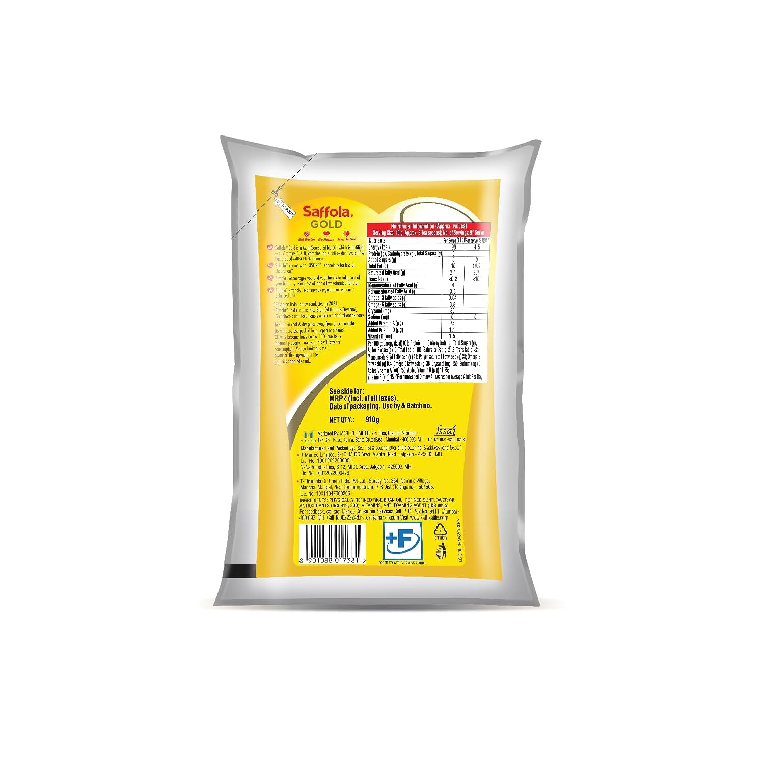 Saffola Gold Refined Cooking oil | Power of 3 - Balance of Good Fats, Triple Anti-Oxidant System & Fortified with Vitamins | Multi-Source Edible Rice Bran & Sunflower Oil | 1 Litre Pouch