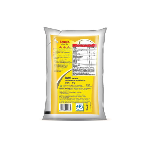 Saffola Gold Refined Cooking oil | Power of 3 - Balance of Good Fats, Triple Anti-Oxidant System & Fortified with Vitamins | Multi-Source Edible Rice Bran & Sunflower Oil | 1 Litre Pouch