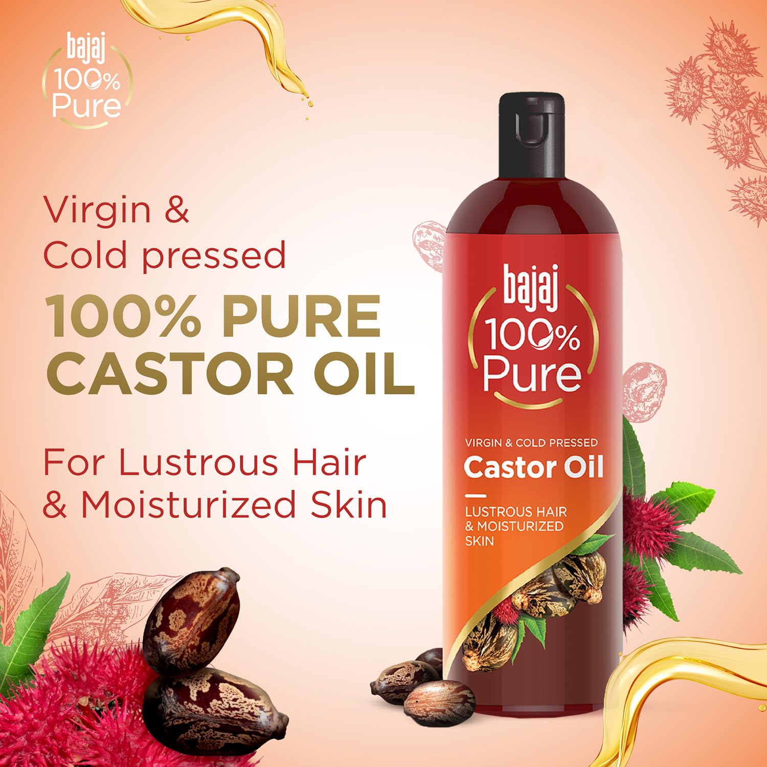 Bajaj 100% Pure Castor Oil 200ml, Pure Hair Oil, Natural Cold-Pressed Castor Oil, No Silicones, Paraben Free, Lead Free
