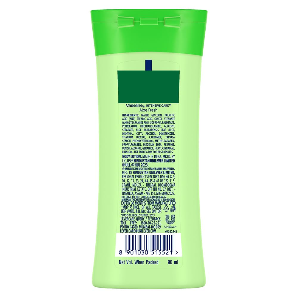 Vaseline Aloe Fresh Body Lotion,24 HR Long Lasting Moisturisation with Aloe Vera extract and Menthol 90ml