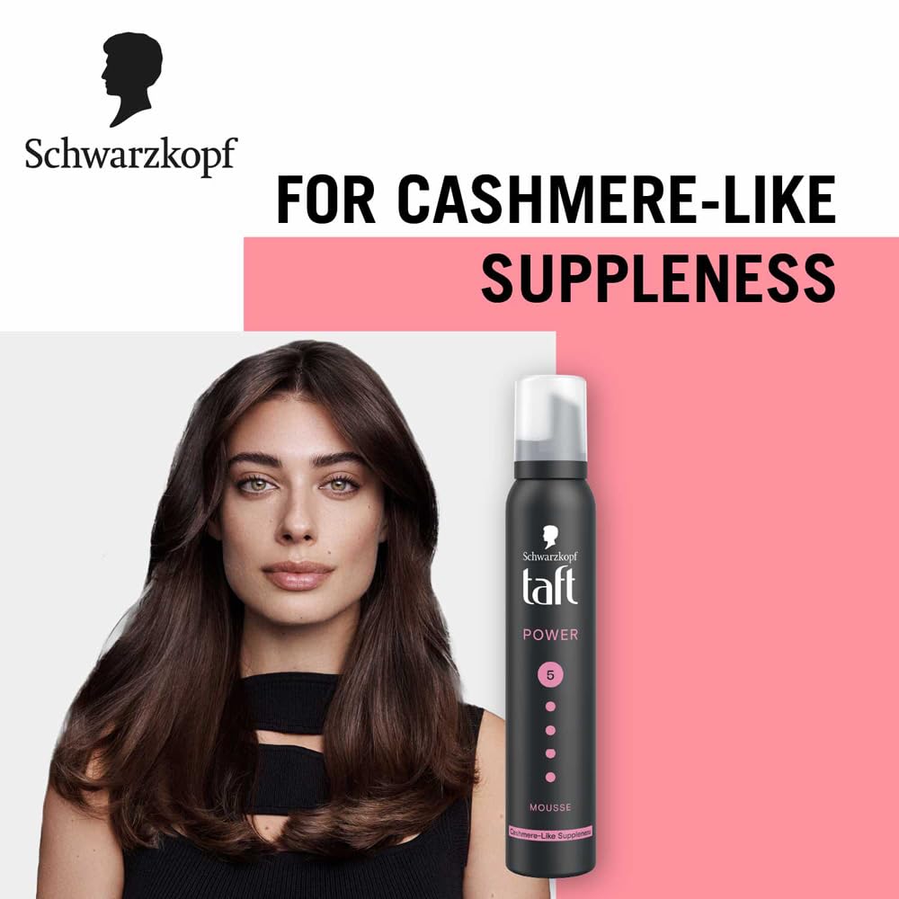Schwarzkopf TAFT Power Hold 5 Hair Mousse, Lasts 24 Hours, Cashmere-Like Softness, With No Stickiness, Heat Protection, Silicone Free, Lightweight Styler To Controls Frizz And Provides Shine, 200Ml