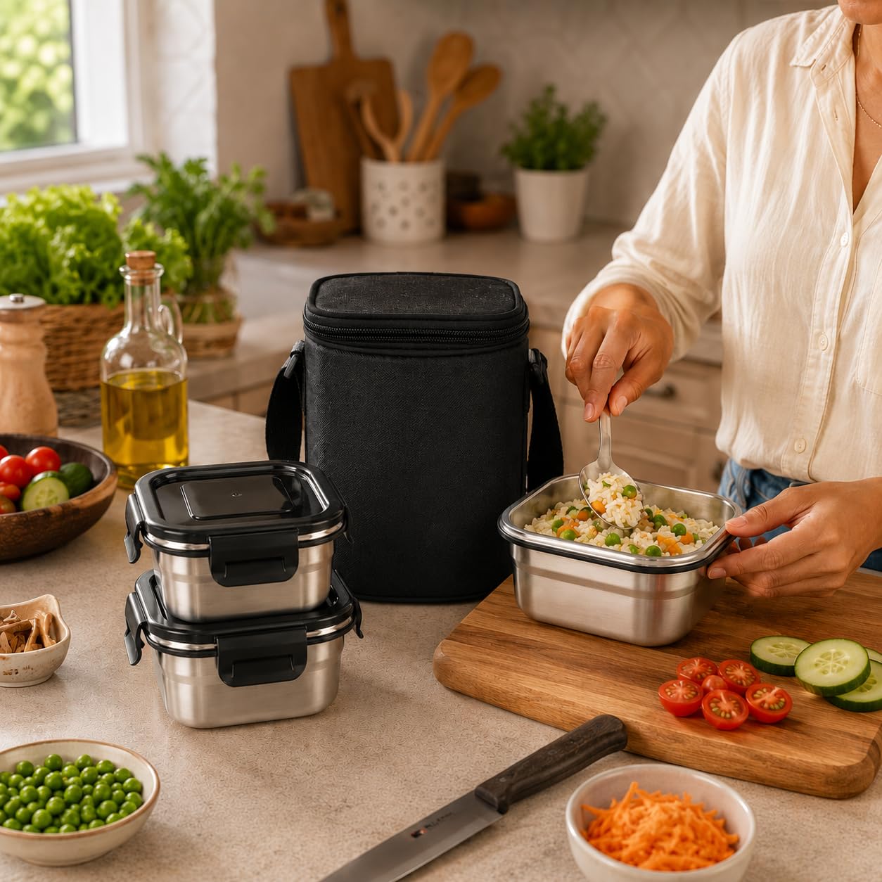 Stainless Steel Lunch Box Set with Insulated Thermal Bag and SS-Spoon | Set of 3 Containers (400 ml Each) | Square | Leakproof | Airtight Lids | BPA-Free |Tiffin Box for Office, School & Travel