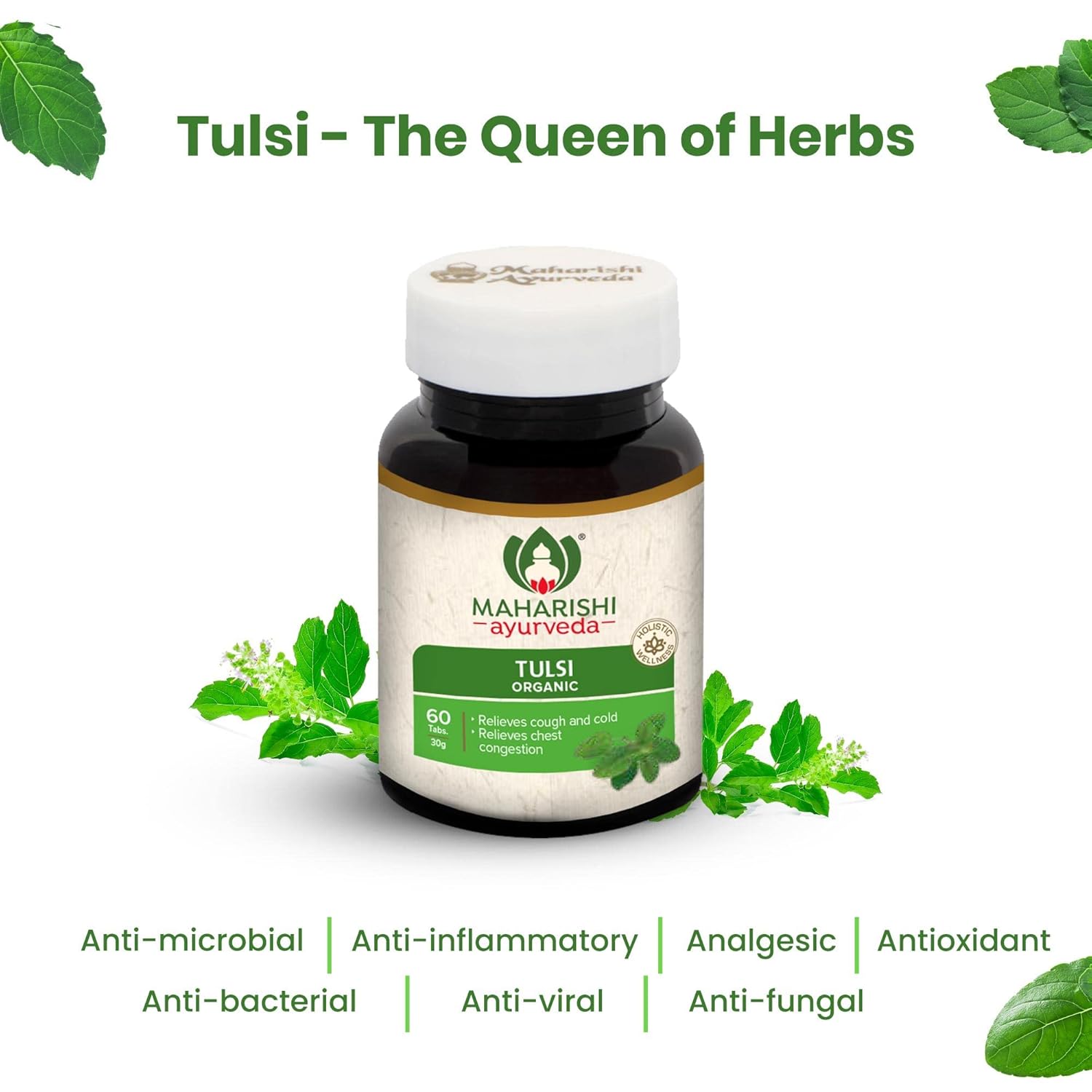 Maharishi Ayurveda Organic Tulsi 60 Tablets For ringworm, sore throat, cold, cough and flu