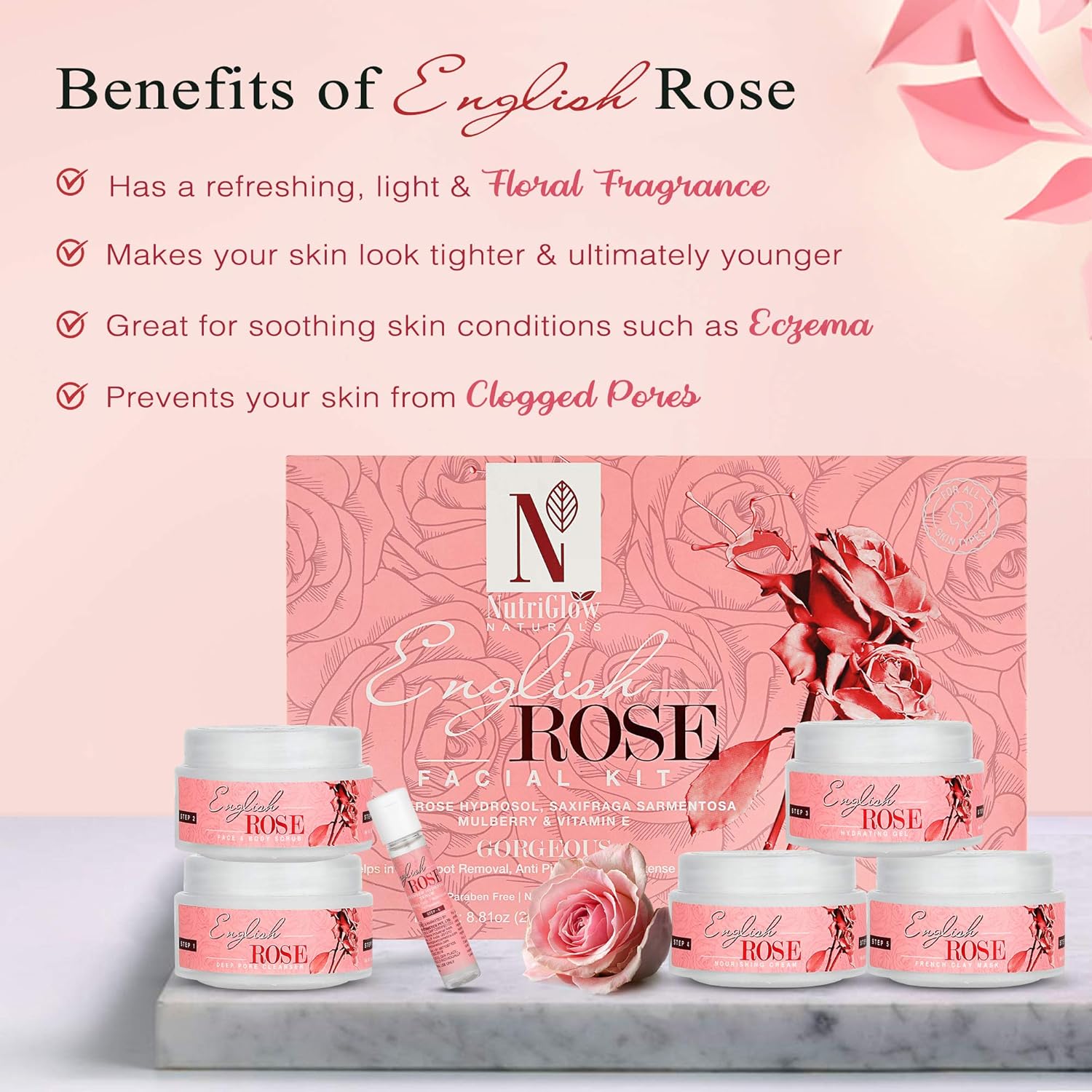 NutriGlow Natural’s English Rose Facial Kit with Natural Rose Extracts for Radiant & Glowing Skin, (250g+10ml)