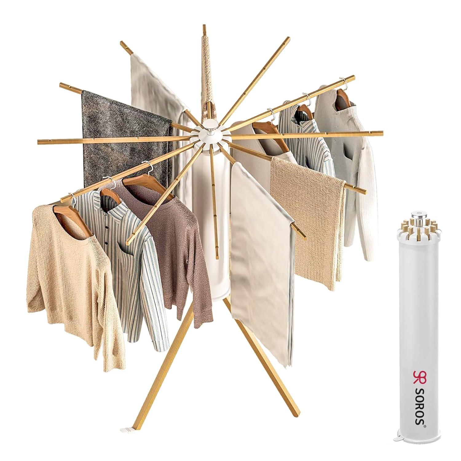 SOROS Foldable Clothes Dryer Stand Racks for Drying, Multi Way Folding & Rotatable, Lightweight Heavy Duty Solid Beech Wood Rails, (SOTC21WD70WHA), White, 3.9 Feet, Length 16, Large