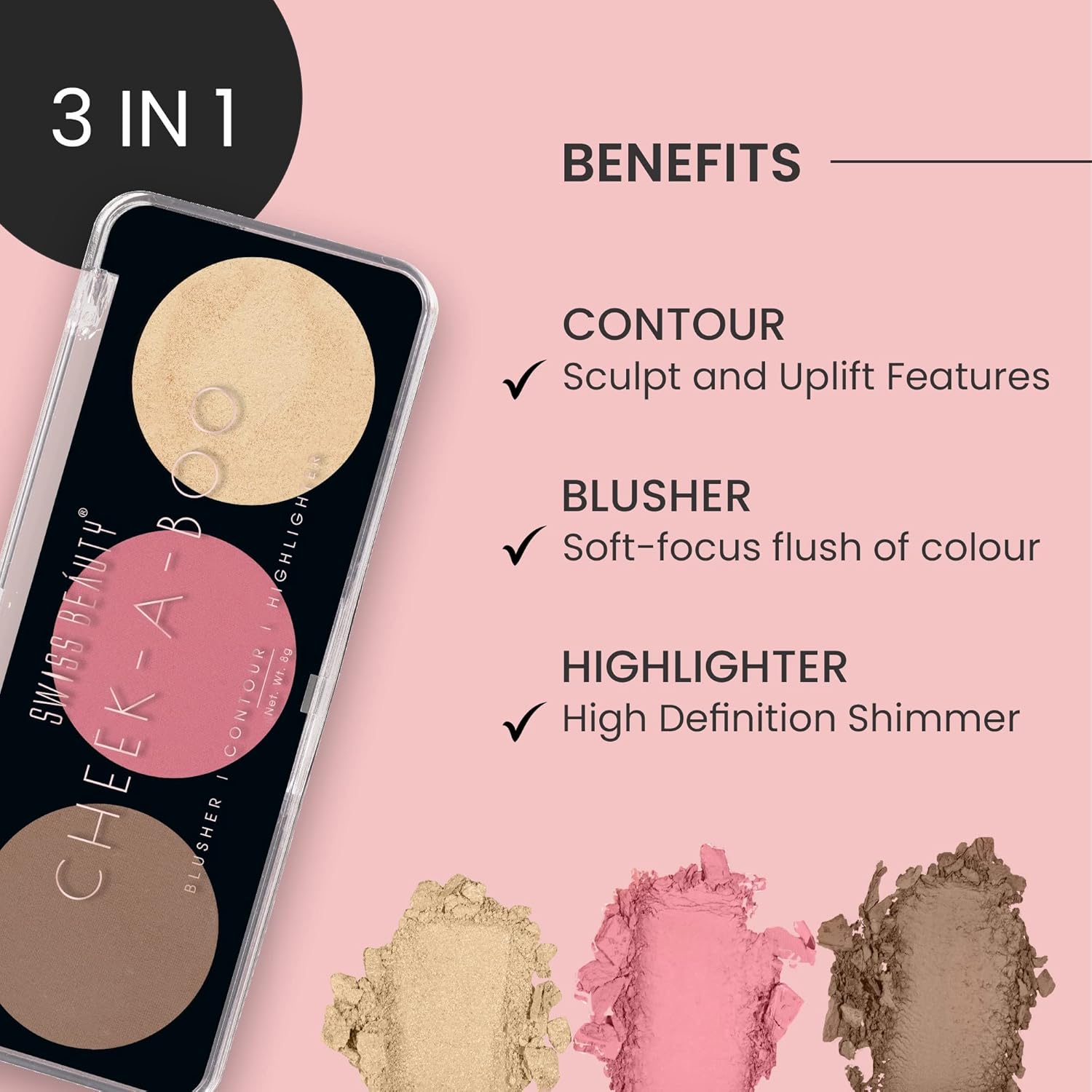 Swiss Beauty Cheek-A-Boo 3-in-1 Face Palette – Blusher, Contour & Highlighter | Highly Pigmented, Blendable & Lightweight | Long-Lasting Makeup Palette for All Skin Tones | 8g, Shade- 03