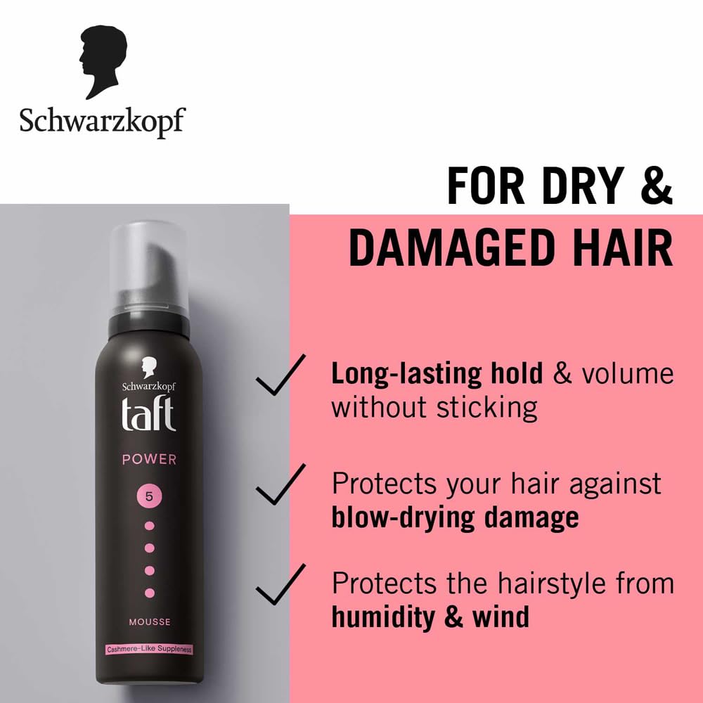 Schwarzkopf TAFT Power Hold 5 Hair Mousse, Lasts 24 Hours, Cashmere-Like Softness, With No Stickiness, Heat Protection, Silicone Free, Lightweight Styler To Controls Frizz And Provides Shine, 200Ml
