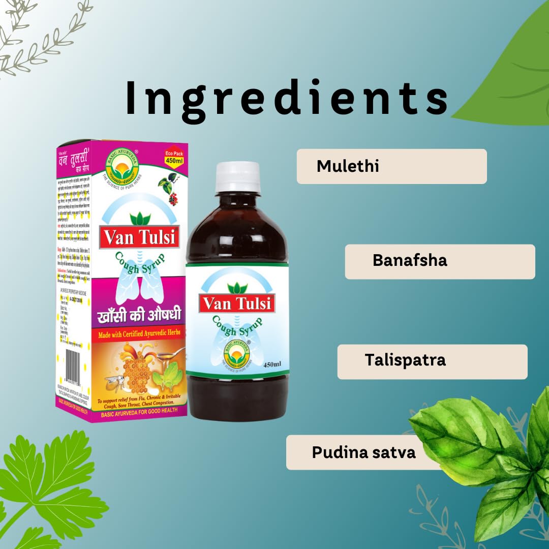 Basic Ayurveda Van Tulsi Cough Syrup 450 ml For Cough and cold, healthy immune response