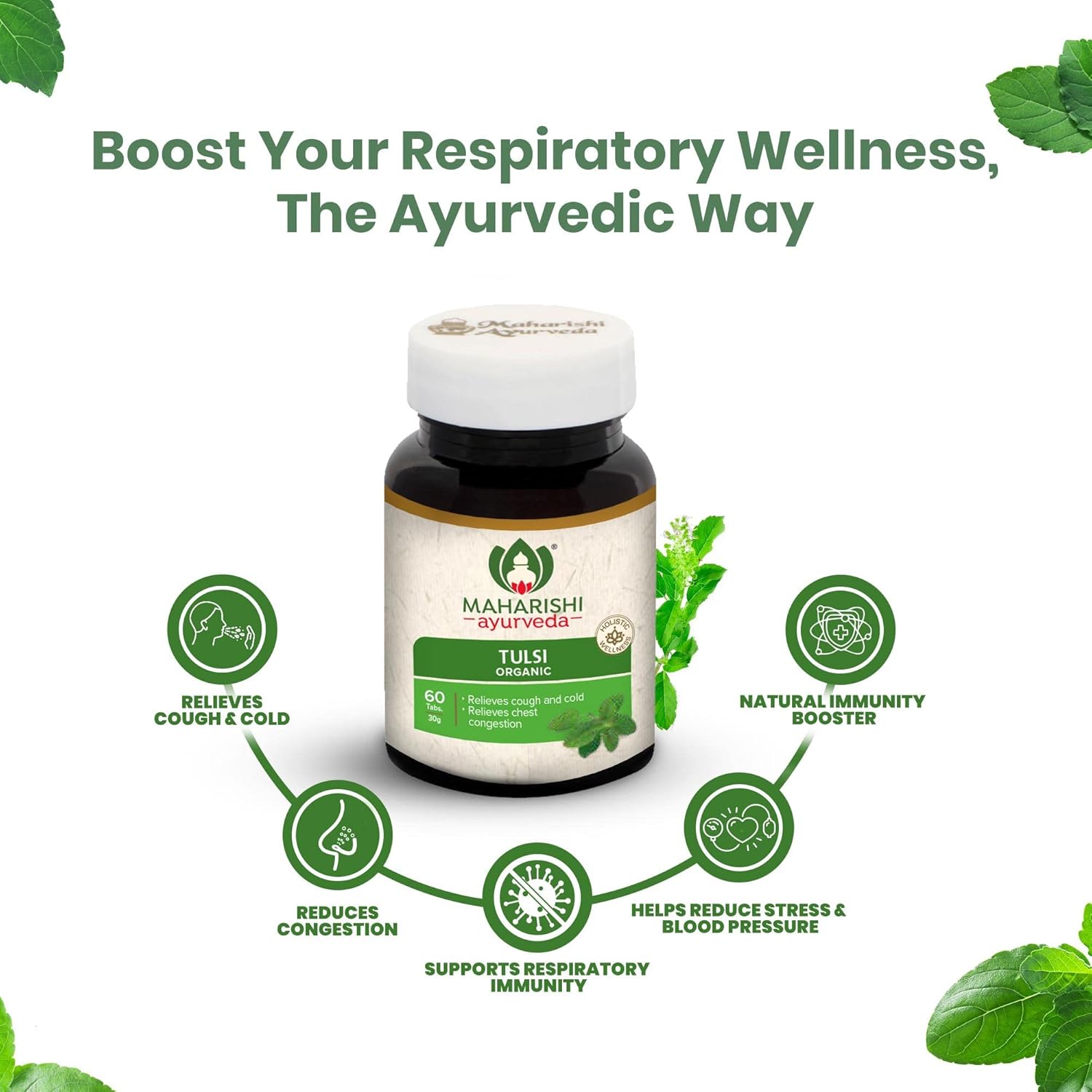 Maharishi Ayurveda Organic Tulsi 60 Tablets For ringworm, sore throat, cold, cough and flu