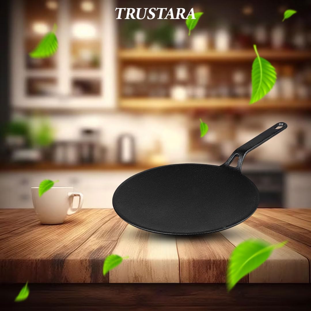 Pre-Seasoned Cast Iron Roti, Chapati Tawa, Dosa Tawa with Handle, Dosa Kallu,Tawa Pan, Cast Cookware, Toxin-Free, No Chemical Coating, Black -(26cm/10inch)-A3