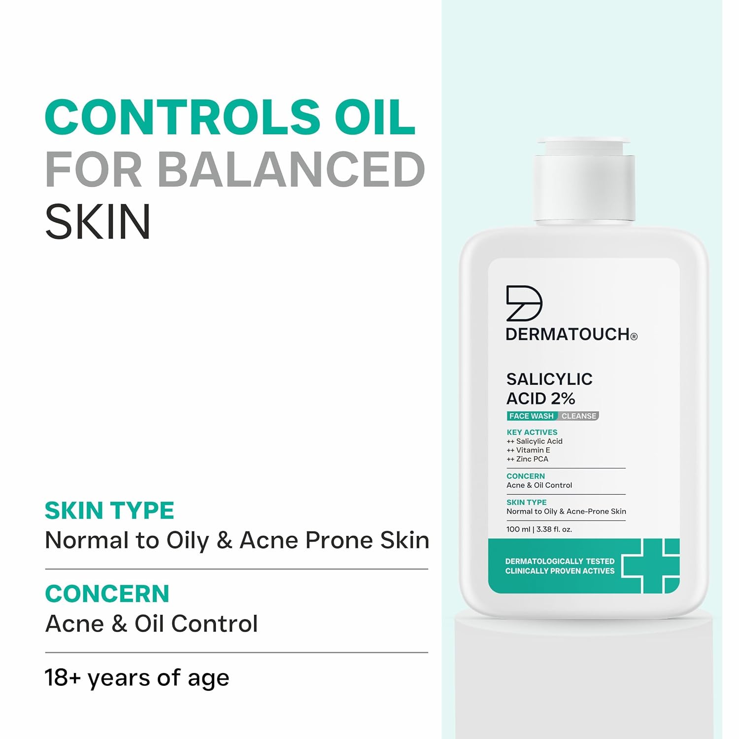 DERMATOUCH Salicylic Acid 2% Face Wash | For Acne & Oil Control | For Normal to Oily and Acne-Prone Skin | Dermatologist Tested | For Men & Women | 100ml