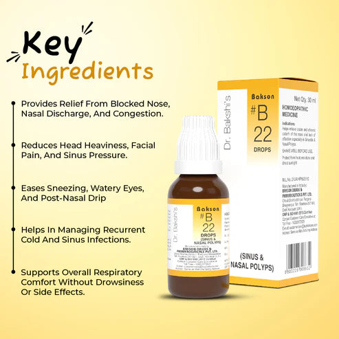 Bakson B22 Sinus Drops (30ml) For sinusitis, congestion, headache, Sneezing, blocked nose, cheek pain