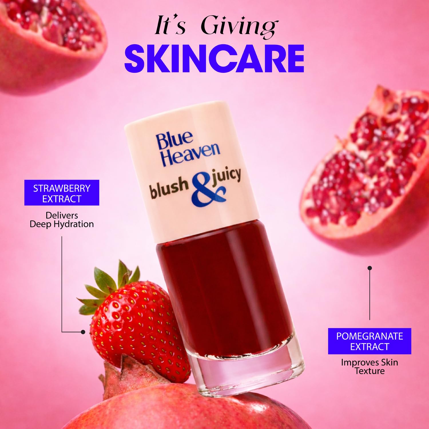 Blue Heaven Blush & Juicy Lip & Cheek Tint Infused with Pomegranate & Strawberry Extract | Multipurpose 3 in 1 Lip Tint | Long Lasting, Water Proof & Hydrating Liquid Blush, Berry Juice, 9ml