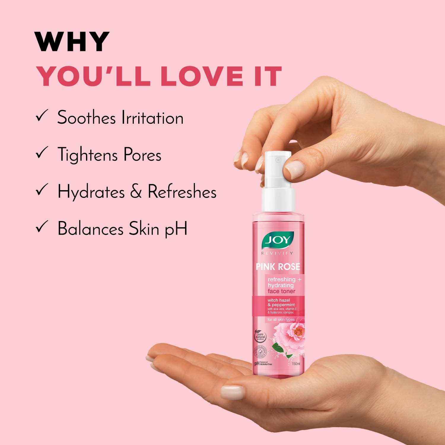 Joy Pink Rose Water Toner with Vitamin E, Hyaluronic Acid & Aloe Vera for Hydrating & Refreshing Skin (150ml)