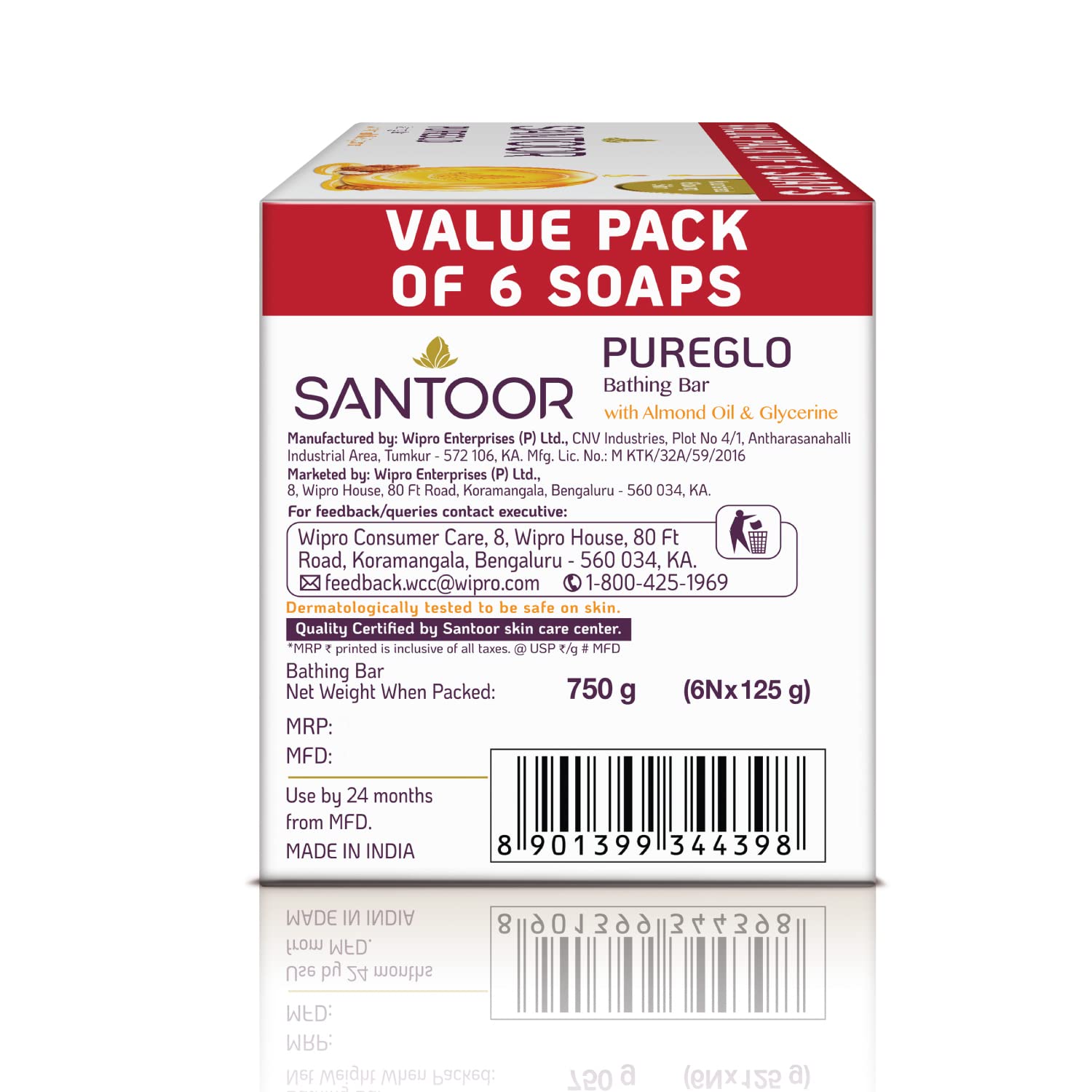 Santoor PureGlo Glycerine Soap with Almond Oil and Glycerine, 125g (Pack of 6) for Nourished Glowing Skin