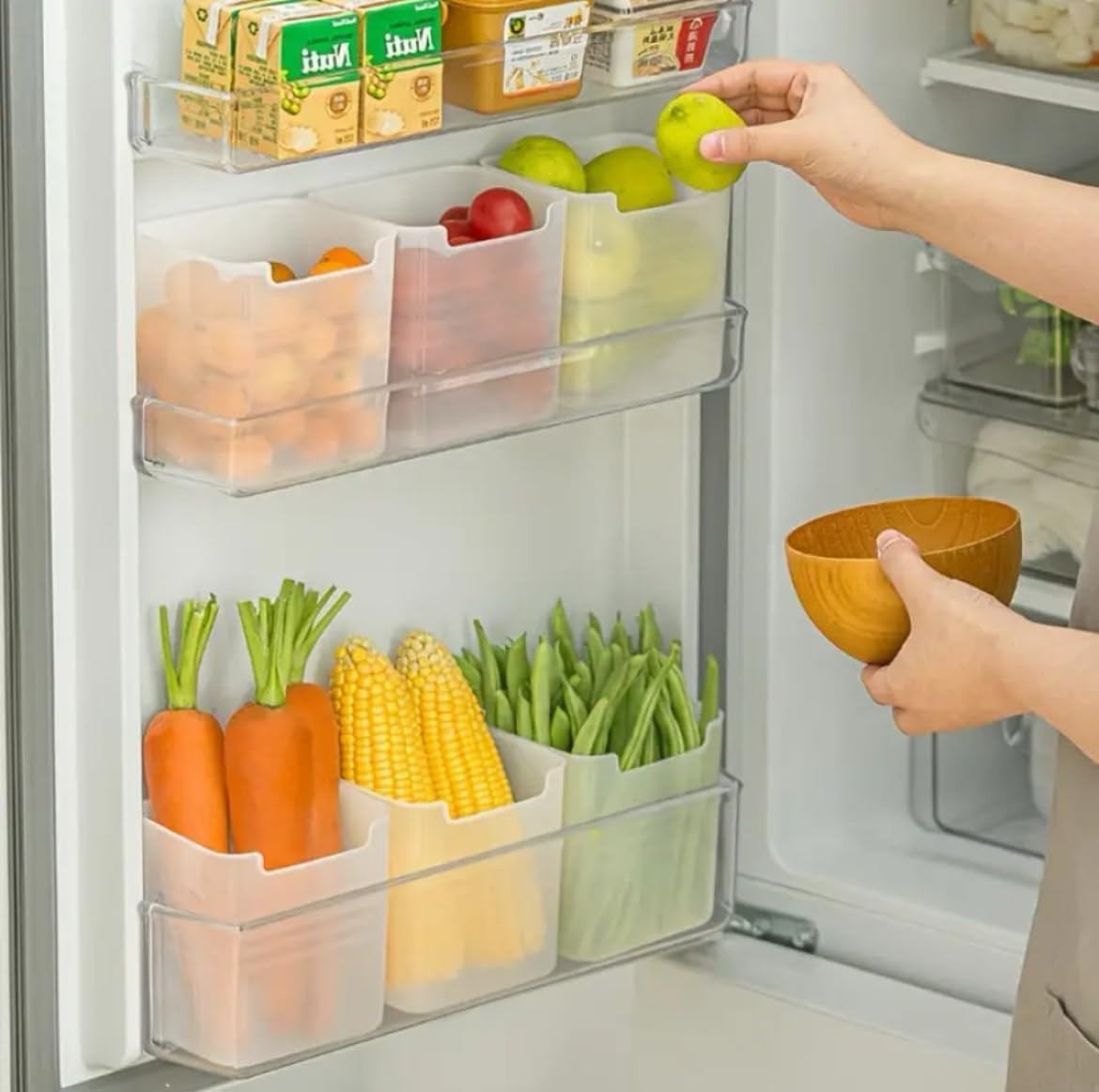 Fridge Door Storage Containers Set of 6 | Vertical Kitchen Organizer Bins for Fruits, Vegetables & Snacks | Deep Space Saving Refrigerator Shelf Boxes | Frosted Clear Plastic