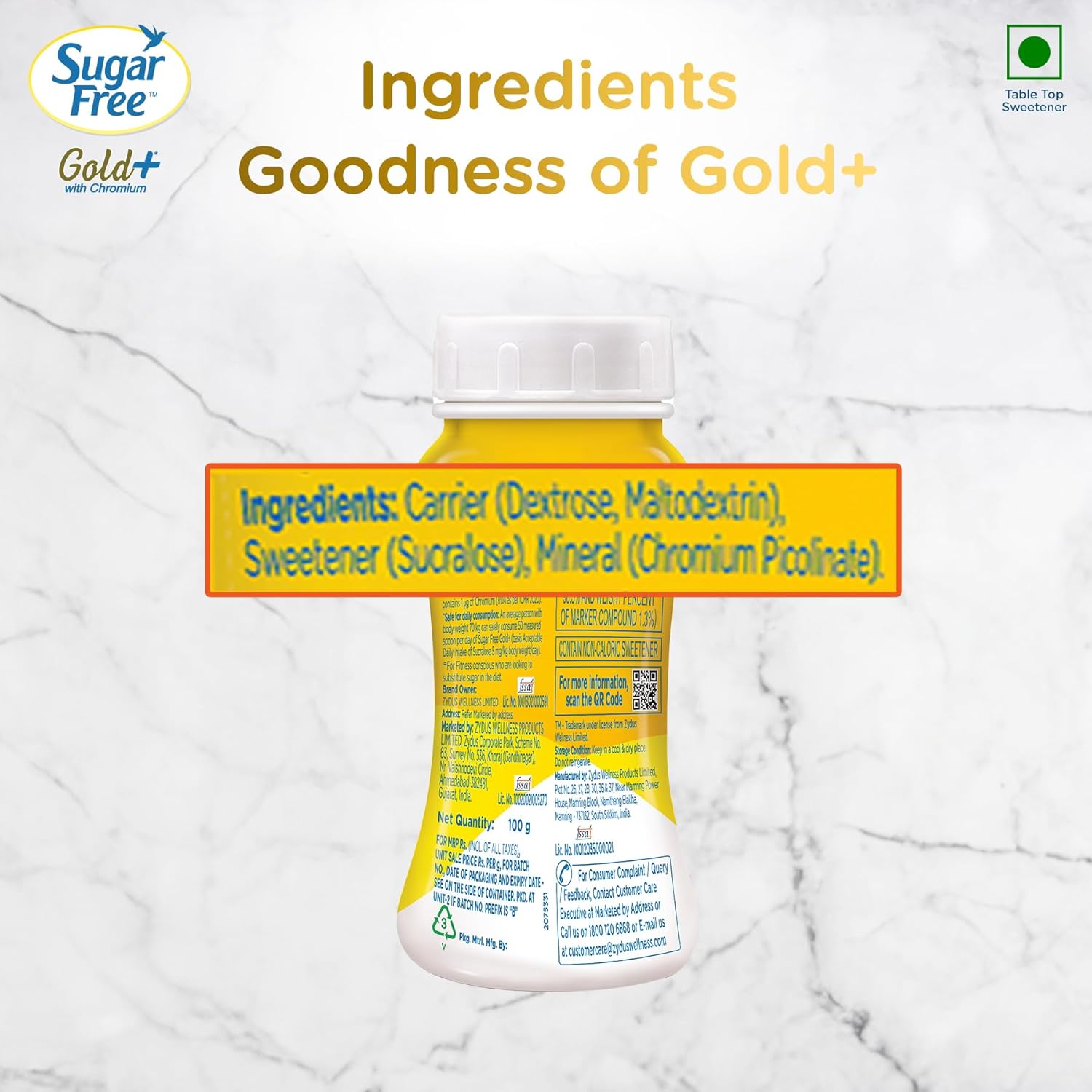 Sugar Free Gold, 100g, Jar| Equivalent to Sweetness from 2kg Sugar| India s No.1 Sweetner| Sweet like Sugar with Low Calories| Scientifically Proven & Tested