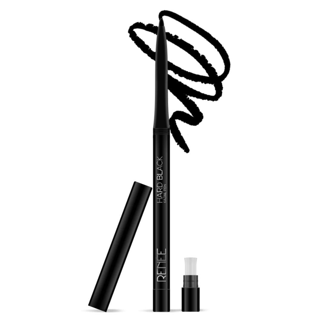 RENEE Hard Black Kajal Pen with Sharpener | 24 Hrs Stay | Long Lasting | Super Black Kajal Pencil | Matte Finish & Rich Color Payoff | Smudge & Water Proof | One Swipe Application Formula | 0.35gm