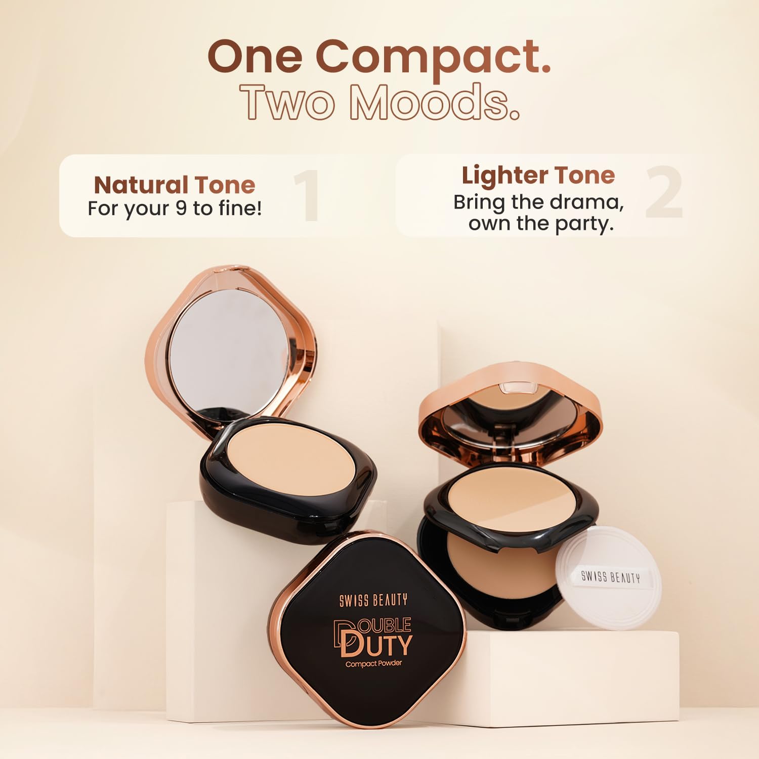 Swiss Beauty Double Duty Compact Powder | 2-in-1 Compact for Day to Night | Buildable Coverage | With Vitamin E & Hyaluronic Acid | 18g, Shade- 3. Medium Honey/Golden Honey